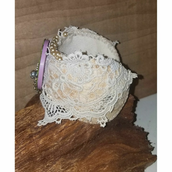 Upcycled Leather Baseball Cuff Lace Rhinestones - Picture 4 of 8